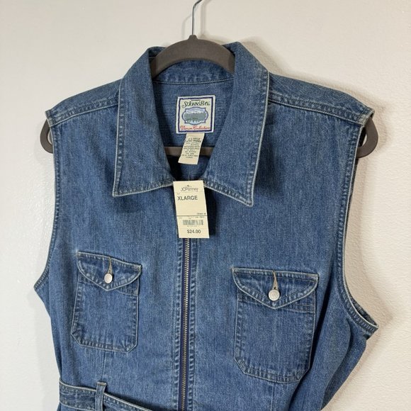 NWT Vintage St. John's Bay Denim Vest XL 90s Jean Zip Front Pockets Belted Blue - Picture 2 of 8